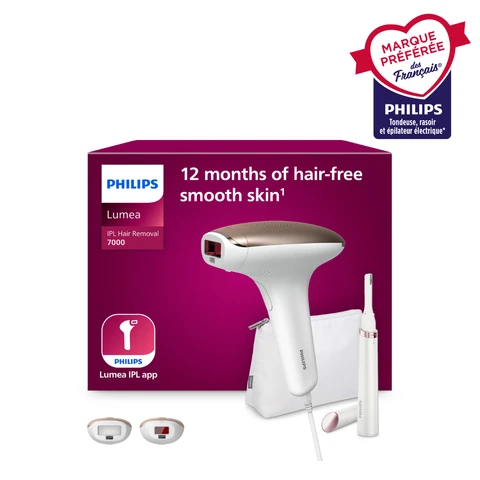 Philips Lumea Series 7000 BRI921/00 Épilateur à lumière pulsée avec capteur de teinte de peau, flashs rapides, embouts corps et visage, épilation semi définitive à domicile