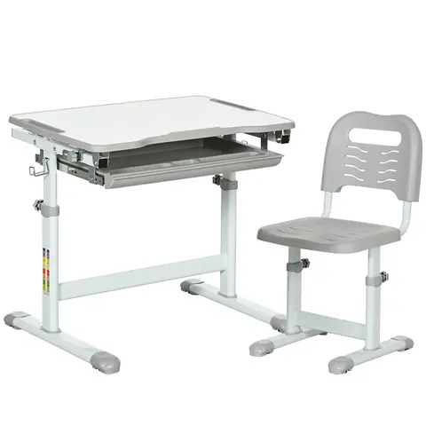 HOMCOM Kids Desk and Chair Set, Height Adjustable Student Writing Desk, Children School Study Table with Tiltable Desktop, Drawer, Pen Slot, Hook - Grey