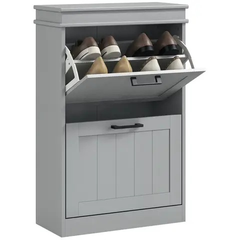 HOMCOM 2 Drawers Entryway Shoe Cabinet, Narrow Shoe Storage Cabinet with 2 Flip Doors and Adjustable Shelves Grey