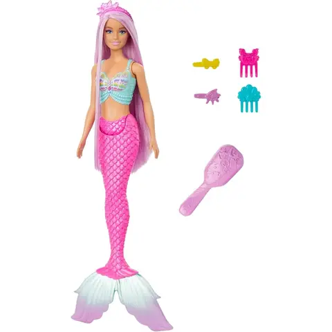 Barbie HRR00 Mermaid Doll with Long Pink Hair and Accessories for Individual Styling Including Brush, Beautiful Shell Top and Pink Tail Fin, for Children Aged 3 Years and Up