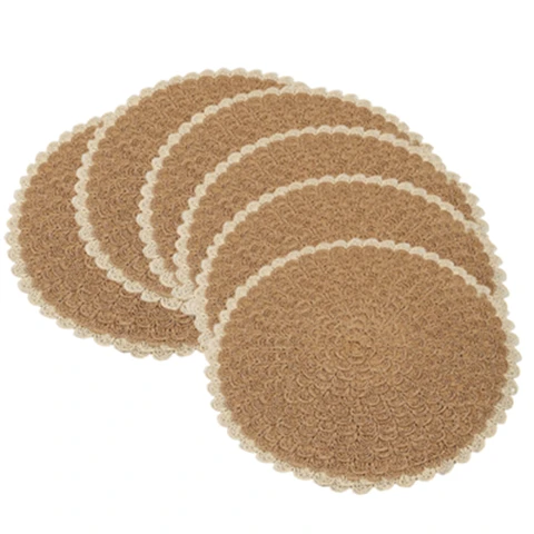 6pcs 38cm Round Placemats Non-slip Placemats Round，Papyrus semi-circular placemat Khaki inside, beige outside，Bohemian Style Table Mats for Kitchen Home Decoration Dining Room Festivals Wedding Party Hotel Farmhouse Family Gathering Table Decoration