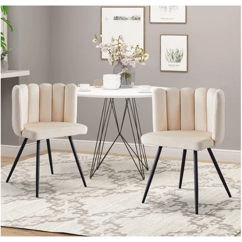 CLIPOP Velvet Dining Chairs Set of 2 Vanity Chair with Petal Back and Metal Legs, Modern Makeup Chair for Bedroom Dressing Table Kitchen Living Room Cream 45*47*82cm