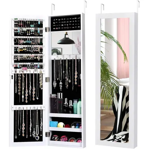 Costway Wall Mounted Jewelry Armoire with Built-in Mirror and 3 Shelves -White