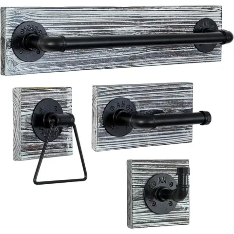 MyGift 4-teiliges Wandmontage-Badezimmer-Set, rustikales Holz und industrielles matt-schwarzes Metallrohr, Handtuchring, Bademantelhaken, Toilettenpapierhalter und Handtuchstange
