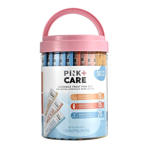 Pink+CARE Functional Soft Cat Treats – Mixed Flavors， 50 Sticks × 15g – Zero Additives， Grain-Free & Gel-Free – Digestive， Joint & Coat Care – Trusted Canadian Pet Brand