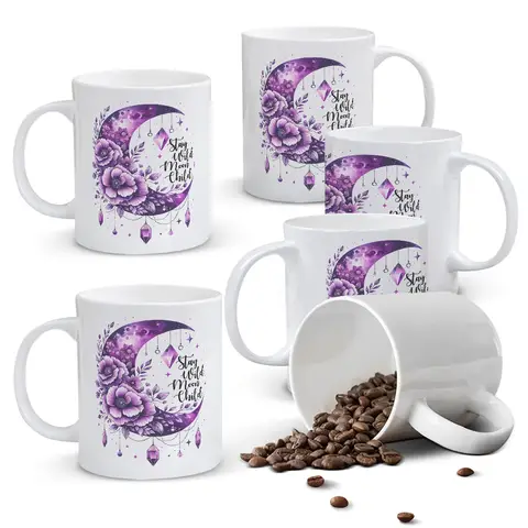 Alphynix 1pc 11oz White Mug with Celestial "Stay Wild Moon Child" Quote & Purple Crystal Moon Design, Mystical Zodiac Christmas or Thanksgiving Gift