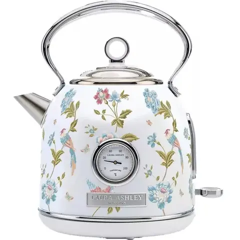 VQ Laura Ashley Retro Dome Kettle, 1.7L, Rapid Boil, Hand-Applied Elveden White Print, Vintage, Stainless Steel, Floral - VQSBPKK336LAEW