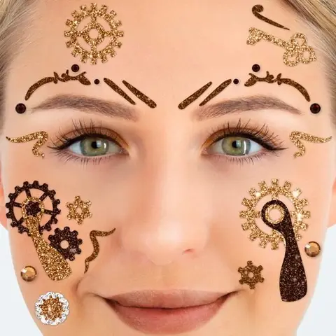 Face Tattoo Steampunk, temporäres Glitter Gesichtstattoo für Motto Party, Halloween & Karneval, Kinder & Erwachsene