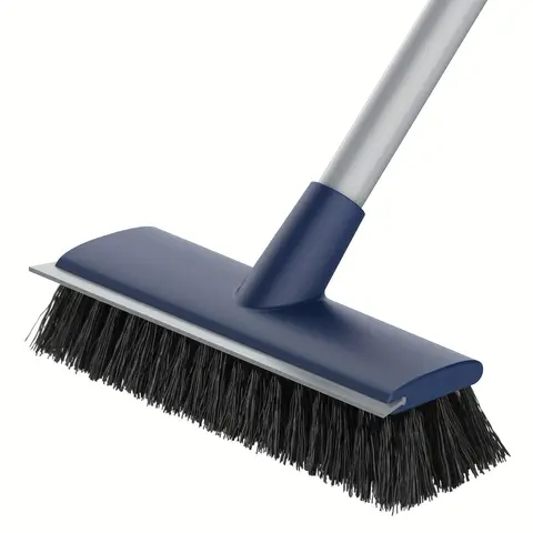emmama Floor Scrub Brush with Long Handle, 2 in 1 Scrubber and Squeegee for Cleaning Bathroom, Patio, Garage, Wall, Tile with Stiff Bristles, 1 Pack
