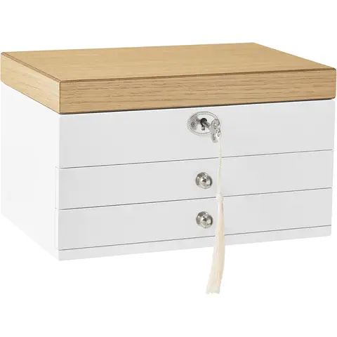 SONGMICS Schmuckkästchen, 3-stöckiges Schmuckkästchen, Holzschmuckkästchen, Schmuckaufbewahrung, Schmuckkästchen mit Schubladen, für Ringe, Ohrringe, Armbänder und Halsketten, Weiß