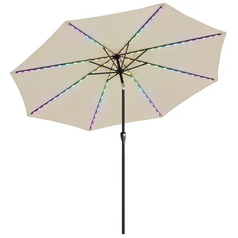 Outsunny 3 m Garden Parasol Umbrella with 112 Solar Powered LED Lights, Outdoor Table Market Patio Umbrella with Crank Handle, Tilt, UPF 50+, for Garden, Outdoor, Beige