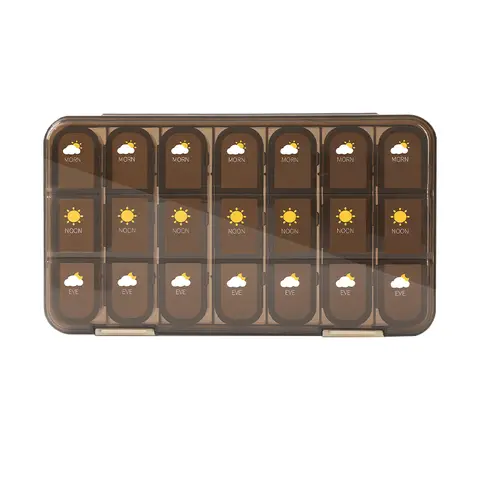 JORDAN&JUDY Portable Sealed Weekly Pill Organizer Large Capacity Pill Dispenser Pill Storage Box 21 Compartments-Brown