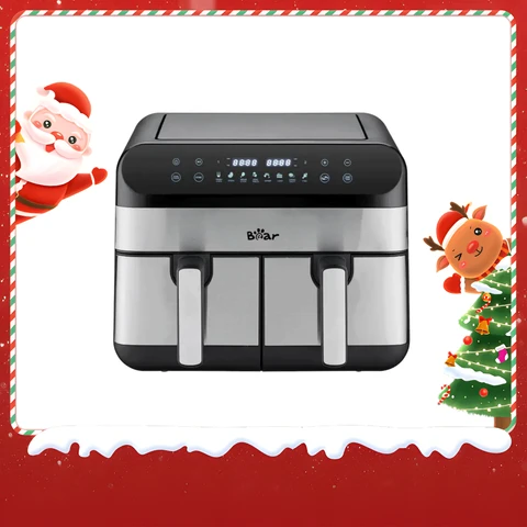 Bear Dual Chamber Air Fryer – 9.0L Large Capacity, 2400W Power, Independent Temperature Control for Two Baskets, Digital Touch Screen, 8 Preset Programs for Fries, Chicken, Steak, Vegetables, Family Kitchen Gadget QZG-F24F1