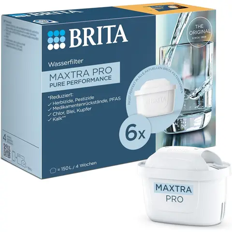 BRITA MAXTRA PRO Pure Performance, All-in-1 Filterkartuschen, 6er-Pack Ersatzwasserfilter, Kalkreduzierung, Chlorkontrolle, verbessert den Geschmack, kompatibel mit BRITA-Kannen, BPA-frei, weiß - 6er-Pack
