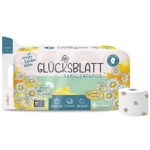 GLÜCKSBLATT Toilet Paper Chamomile 3-Ply, 16 Rolls, 100% Cellulose, 70% PEFC Certified SGSCH-PEFC-COC-000977