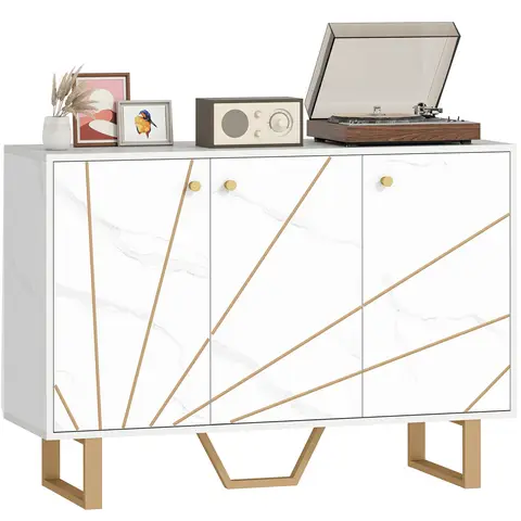 HOMCOM Sideboard Storage Cabinet, Modern Storage Cupboard with Adjustable Shelves and Metal Legs White Marble Tone