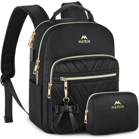 MATEIN Rucksack Damen Klein, Elegant Schulrucksack Geldbeutel Set 2 in 1 Wasserdicht Cityrucksack Casual Daypack mit USB Ladeanschluss Modern Handtasche Rucksacktasche für Reisen Arbeit Schwarz