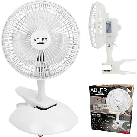 ADLER AD 7317 Tischventilator mit Clip, Tragbarer, Klingen Durchmesser 15 cm, 2 Geschwindigkeitsstufen, Mini Ventilator, Klein, Weiß, 30 W, Einheitsgröße | Tragbar, 2 Geschwindigkeitsstufen, Mini Ventil