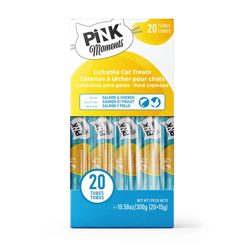 PINK Weiche Katzensticks – Lachs & Huhn, 20 Sticks × 15g – Ohne Zusätze, Getreidefrei & Gel-Frei – Haarballenkontrolle & Verdauungsunterstützung – Vertrauenswürdige kanadische Marke