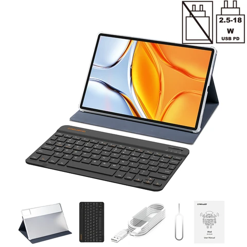 Teclast T70 Tablet — 14-inch 1920×1200 display, MediaTek Helio G99 octa-core processor, 20GB (8GB + 12GB virtual) RAM + 256GB ROM, Dual SIM 4G LTE + 5G WiFi, 10,000mAh battery with 18W fast charging, Android 15, TDDI, 8MP + 13MP cameras, GPS, BT5.2, OTG, Widevine L1, includes tablet protective case and English Bluetooth keyboard, 2025 edition.