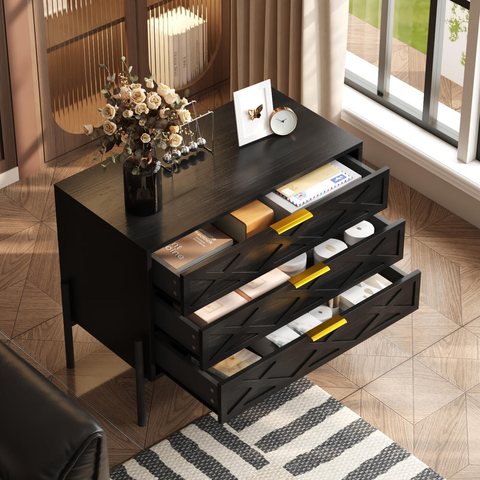Caldion Nachttisch mit 3 Schubladen, Metallbeinen, 75,4 x 60 x 39 cm, Schwarz, Modernes Design