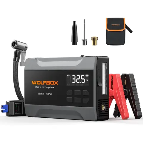 WOLFBOX 2000A Jump Starter with Air Compressor, 37Wh Car Battery Jumper Starter Portable (up to 5L Gas Engine) with 150PSI Tire Inflator, 12V Jump Box with Jumper Cables, Boost, LED Light