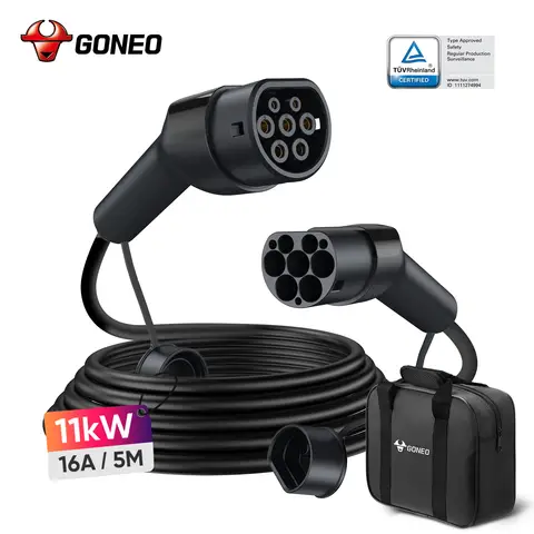 GONEO Typ 2 Ladekabel 11KW 16A 5m 3-phasig TÜV-zertifiziert Ultraschallschweißung versilberter Stecker IP54 wasserdicht feuerfest PA66+TPU mit Tasche