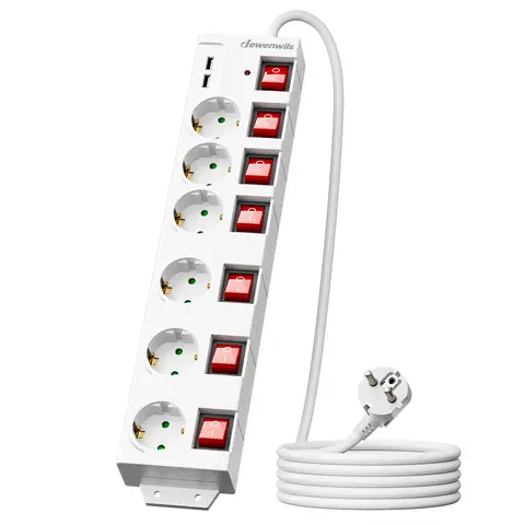 DEWENWILS 6-fach Steckdosenleiste mit 2 USB – Einzeln schaltbar, großer Steckdosenabstand, 90°-Anordnung, Überlastschutz & Kindersicherung, 3680 W/16 A, 3 m, Weiß