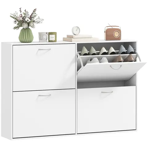 HOMCOM Wooden Modern Design 4 Drawer Shoes Cabinet Pull Down Shelf Storage Organiser Entrance Hallway Furniture - White