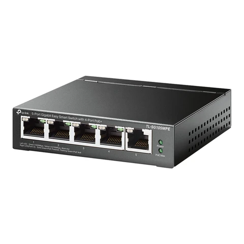 TP-Link TL-SG105MPE 5-Port Managed PoE Switch mit 4 PoE+ Ports (120 Watt, IEEE-802.3af/at PoE, Lüfterlos, Plug-and-Play, Robustes Metallgehäuse) Schwarz