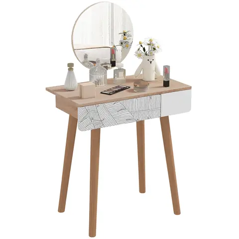 HOMCOM Dressing Table with Drawer and Mirror height adjustable Wooden Oak Color  Bedroom Dressing Room Elegant and Durable