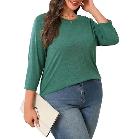 Plus Size Tops for Women 3/4 Sleeve Casual T Shirts Loose fit Tunic Blouse (Green， 5XL)