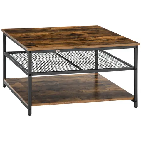 Homcom Coffee Table Industrial Square with Shelves Rustic Brown/Black