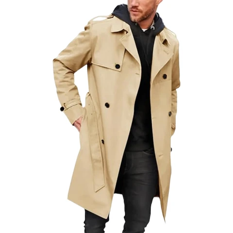 Men's Trench Coat Slim Fit Double Breasted Long Jacket Notched Lapel Belt Fall Windproof Coat (khaki, S)