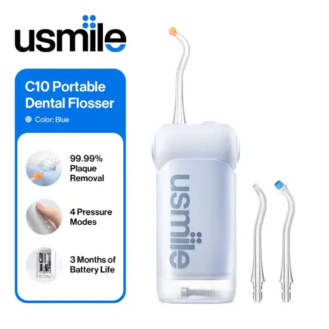 Usmile C10 Hydropulseur Portable, Design Voyage, Autonomie de 95 Jours, 4 Modes, Buse 360°, Réservoir 180 ml, IPX7 Étanche, Recommandé par les Dentistes pour Appareils Orthodontiques, Implants et Dents Sensibles