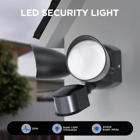 Projecteur de Sécurité LED LUTEC 20W 1700LM 4000K avec Capteur – Double Tête Intégrée pour Extérieur, Terrasse, Jardin, Cour – Noir
