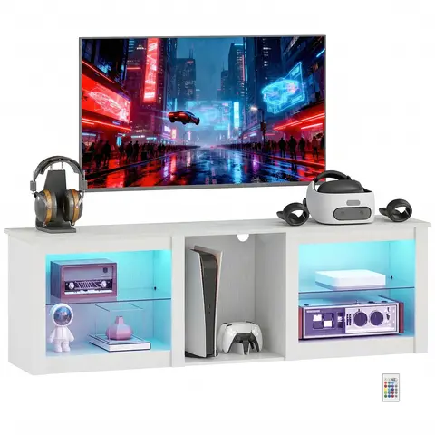 HOMCOM TV Unit with LED Lights for TV up to 70 Inch, 160cm TV Stand Cabinet with Adjustable Glass Shelves White