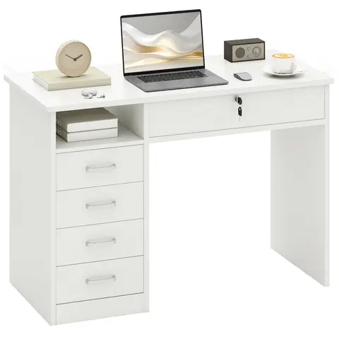 HOMCOM Computer Desk, Home Office Desk with Lockable Drawer, Storage Shelf for Study Bedroom White