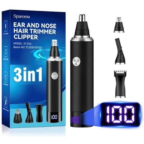 Sparoma 3-in-1 Nose & Facial Hair Trimmer for Men – Trimmer for Nose & Ear Hair & Eyebrow & Detail, 7800 RPM High-Speed Motor, 120-Min Runtime, IPX7 Waterproof – Precision Stainless Steel Dual-Blade Head, LED Display – Type-C Rechargeable, TC-016 3-IN-1, Black
