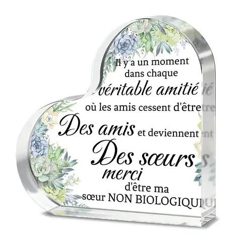 【3 € de réduction dès 10 €】Alphynix 1 pièce Plaque cœur « French Sisterhood », « Merci d'être ma sœur non biologique » Cadeau en cristal avec fleurs succulentes peintes à la main, Souvenir d'amitié spirituelle pour sœur de l'âme
