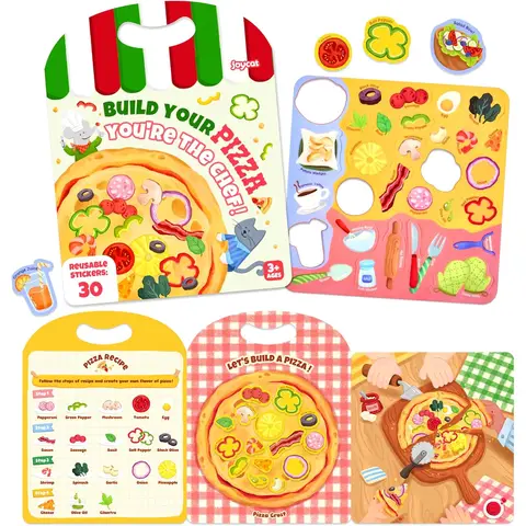 JoyCat 3 Pack Reusable Sticker Books: Farm, Pizza-Making, Weather - 90 Pcs Stickers for Toddlers, Kids Sticker Plane Activities, Road Trip Travel Toys, Birthday Gifts for Boys and Girls