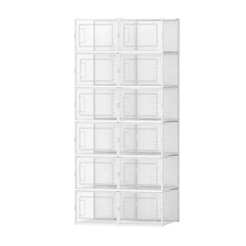 SONGMICSHOME  Set van 12 Stapelbare Sneaker Opbergdozen, Transparante Plastic Schoenorganizers voor Kast, Wit