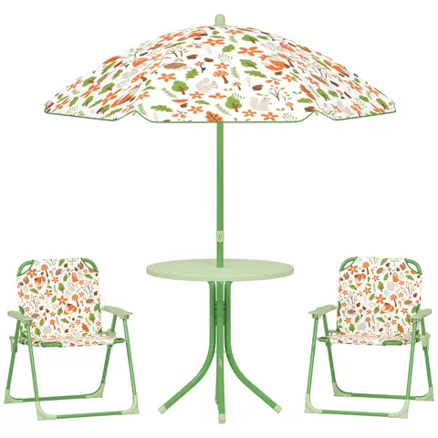 AIYAPLAY Children Table and Chair Set with Adjustable Parasol, 2 Folding Chairs, Picnic Table, Fox Pattern Outdoor Patio Set, for Ages 2-5 Years, Green