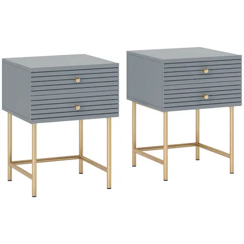 HOMCOM Bedside Tables Set of 2, Bedside Cabinet with 2 Drawers, Gold Steel Legs, Modern Side Table with Striped Panel for Bedroom, Living Room, Grey