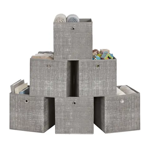 SONGMICSHOME  Cube Organisers, Foldable Fabric Storage Boxes with Handles, Set of 6, for Shelves, Clothes, Taupe