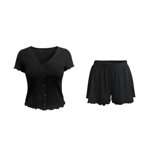 IZURIA Schwarzes V-Ausschnitt-Set aus kurzärmeligem Oberteil und Shorts