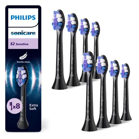 Philips Sonicare Sensitive Bürstenköpfe HX6058/88, 8er-Pack, extra weiche Borsten, entfernt bis zu 10x mehr Plaque, 70 % biobasiertes Kunststoff, Schwarz
