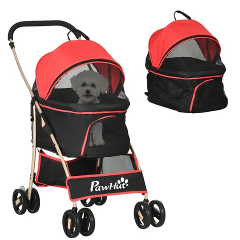 PawHut Dog Pram Dog Stroller 3 in 1 Pet Pushchair Detachable Design with Universal Wheels, Brake for Small Miniature Dogs Red