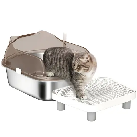 PawHut Stainless Steel Litter Box with Lid, Metal Cat Litter Tray with High Wall Sided Enclosure, Pedal, Scoop, Non-Sticky, Anti-Leakage, Easy Cleaning