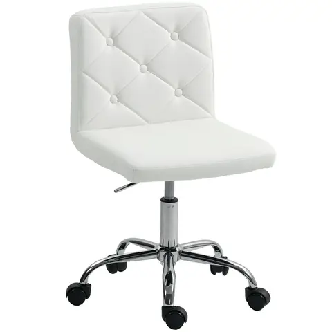 HOMCOM PU Leather Armless Office Chair, Modern Vanity Computer Swivel Chair with Rolling Wheels and Adjustable Height for Home Study, Bedroom, White